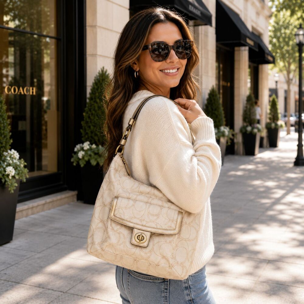 Coach Penelope Signature Linen Leather Hobo Shoulder Bag Crossbody F19189 Beige
